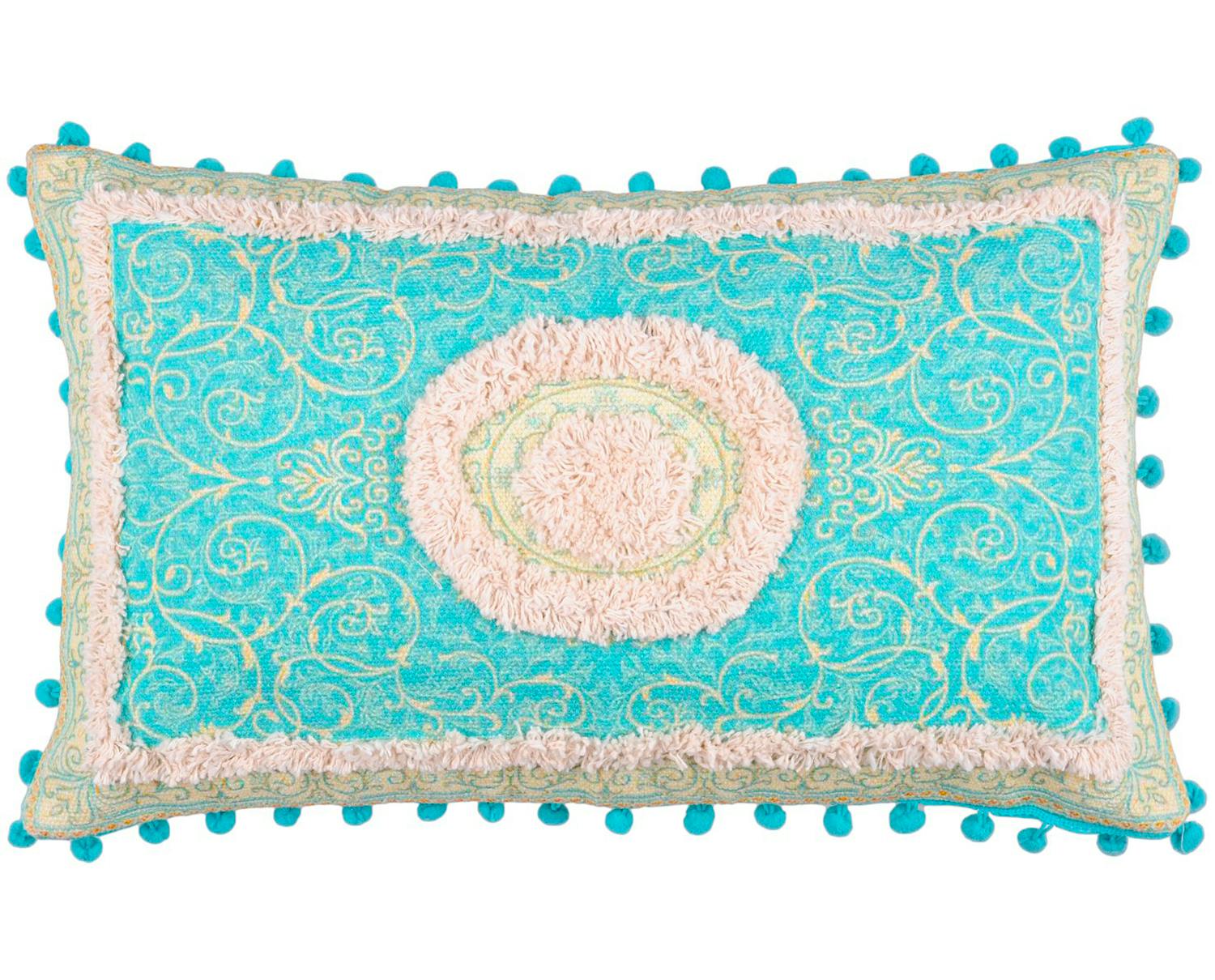 Coussin oriental tons bleu vert avec pompons 30 x 50 cm