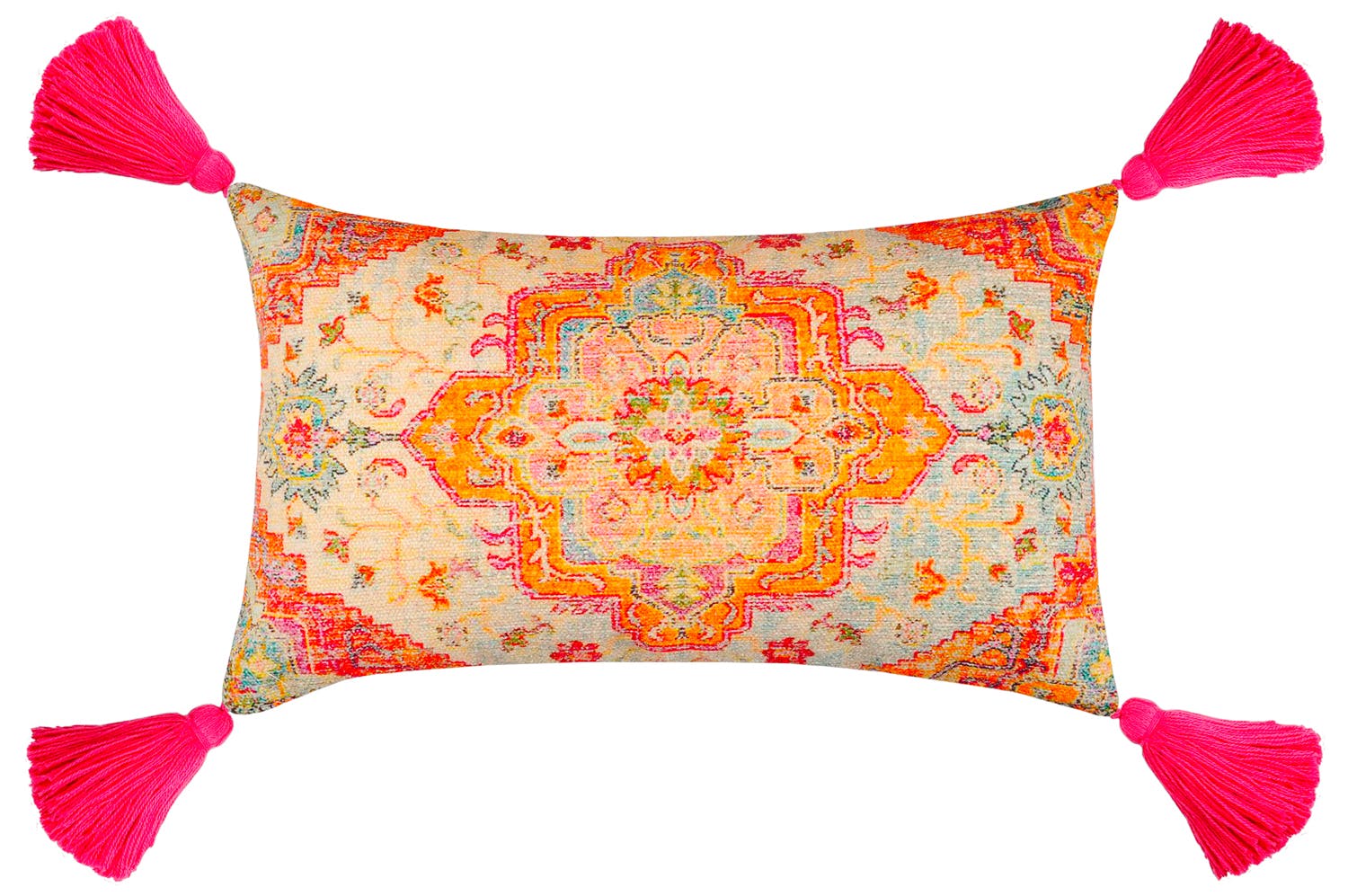 Coussin oriental tons rose avec pompons 30 x 50 cm