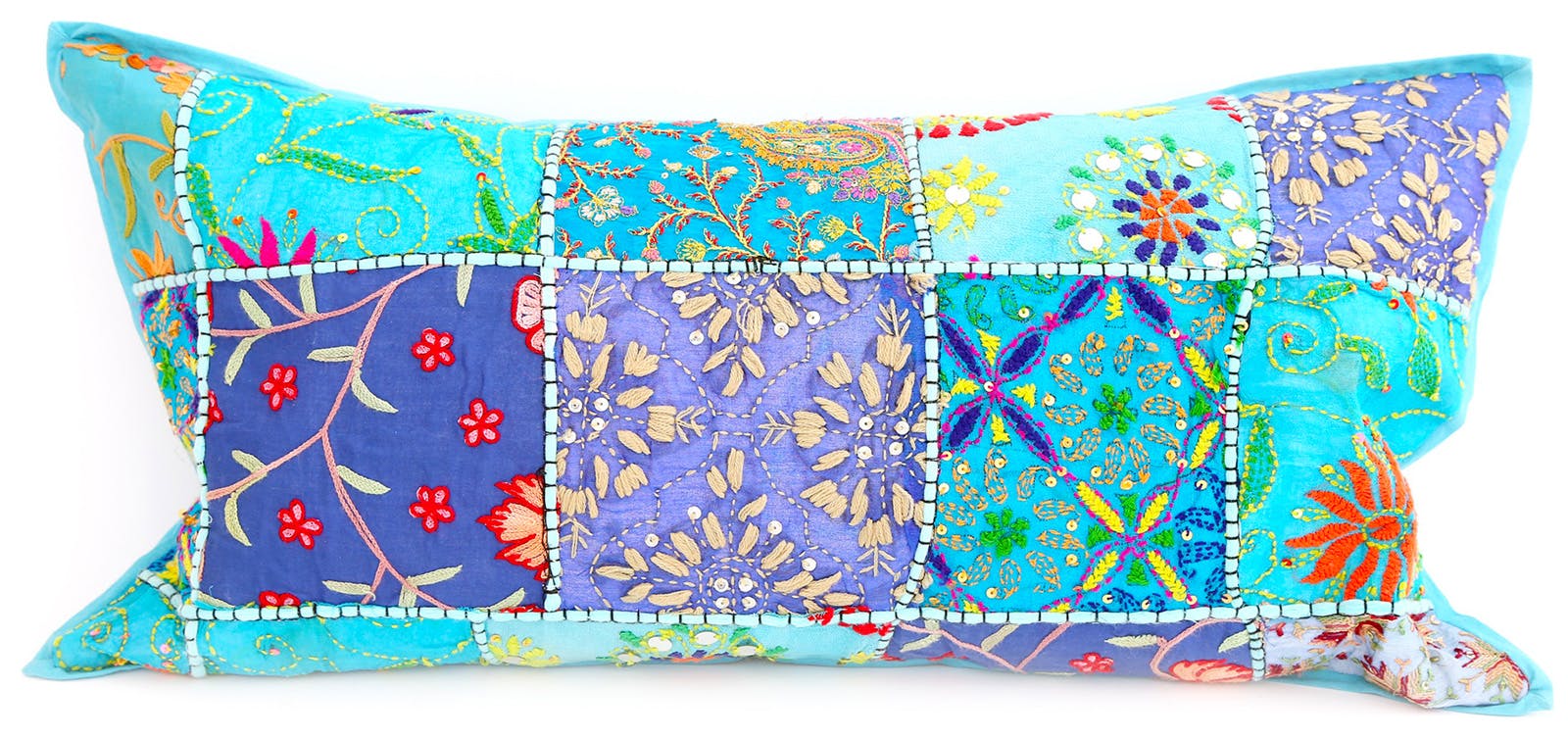 Coussin patchwork tons bleus