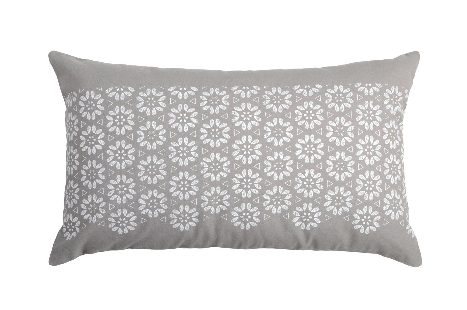 Coussin rectangle charme motif fleurs géométriques gris et blanc  30x50cm 100% coton JANE GRIS