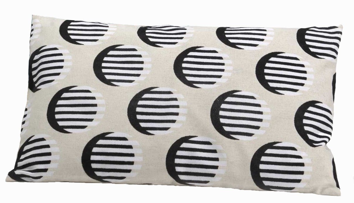 Coussin rectangle housse 100% coton beige avec motifs ronds noirs et rayures blanches 30x50cm