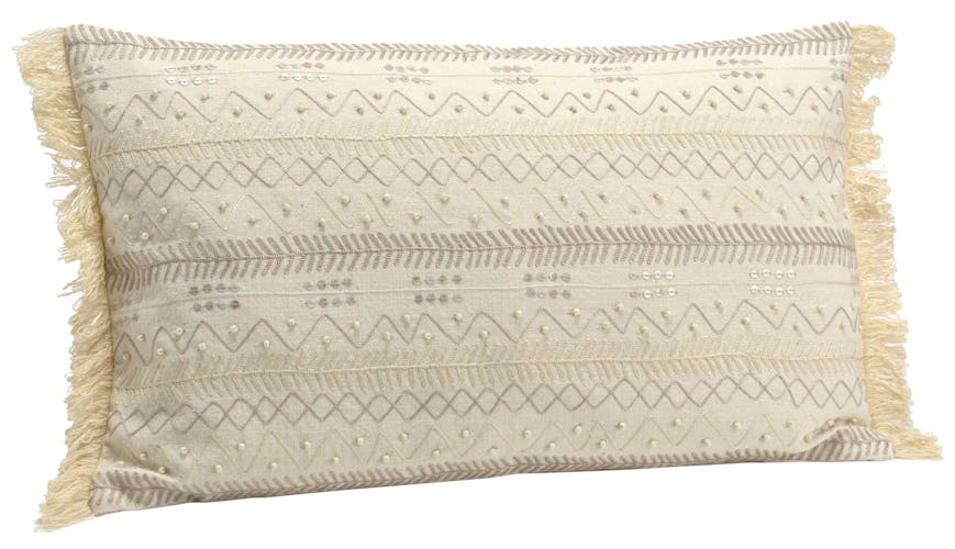 Coussin rectangle housse 100% coton beige avec perles et franges couleur sable 30x50cm
