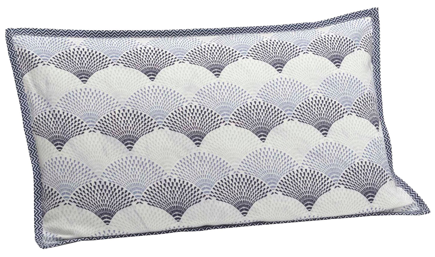 Coussin rectangle housse 100% coton bleu et écru avec motifs éventails 30x50cm