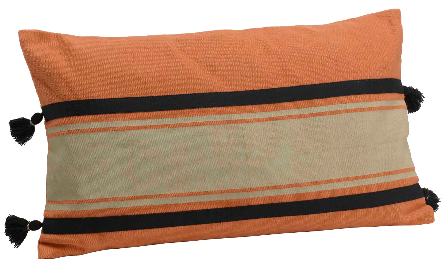 Coussin rectangle housse 100% coton corail, beige et noir avec pompons 30x50cm