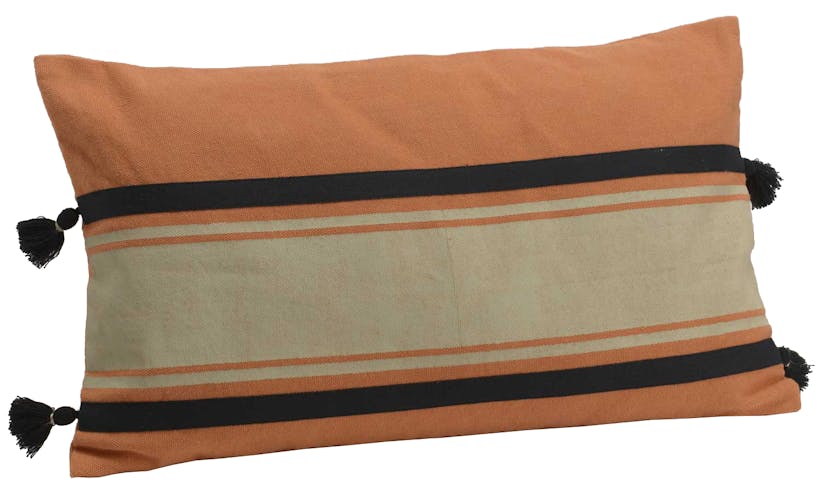 Coussin rectangle housse 100% coton corail, beige et noir avec pompons 30x50cm