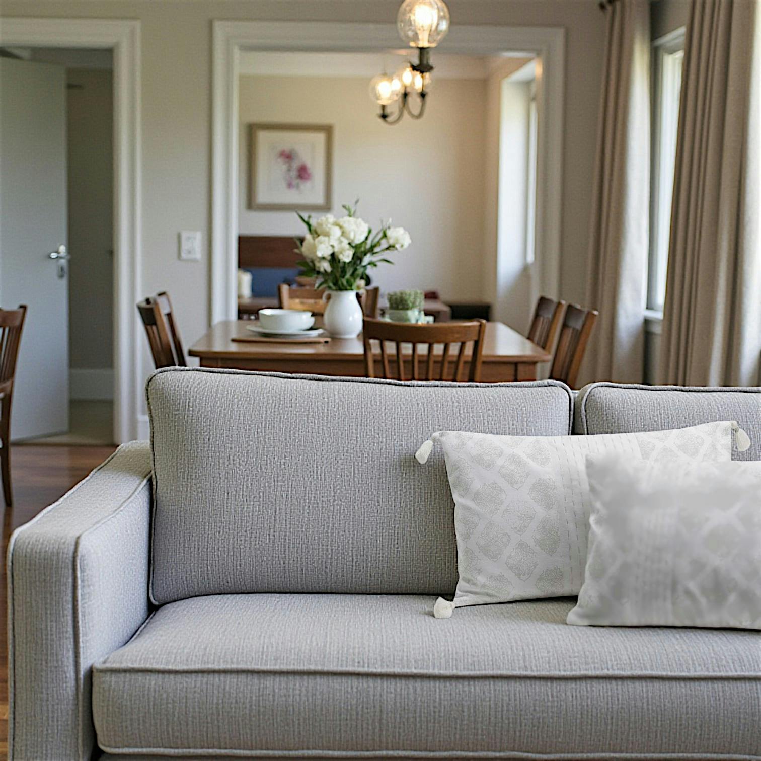 Coussin rectangle housse 100% coton écru avec motifs gris et pompons 30X50cm