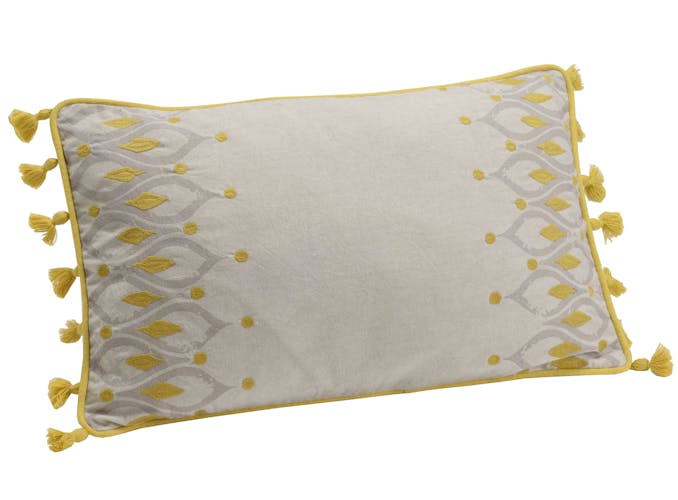 Coussin rectangle housse 100% coton gris et moutarde avec motifs plumes de paon et pompons 30x50cm