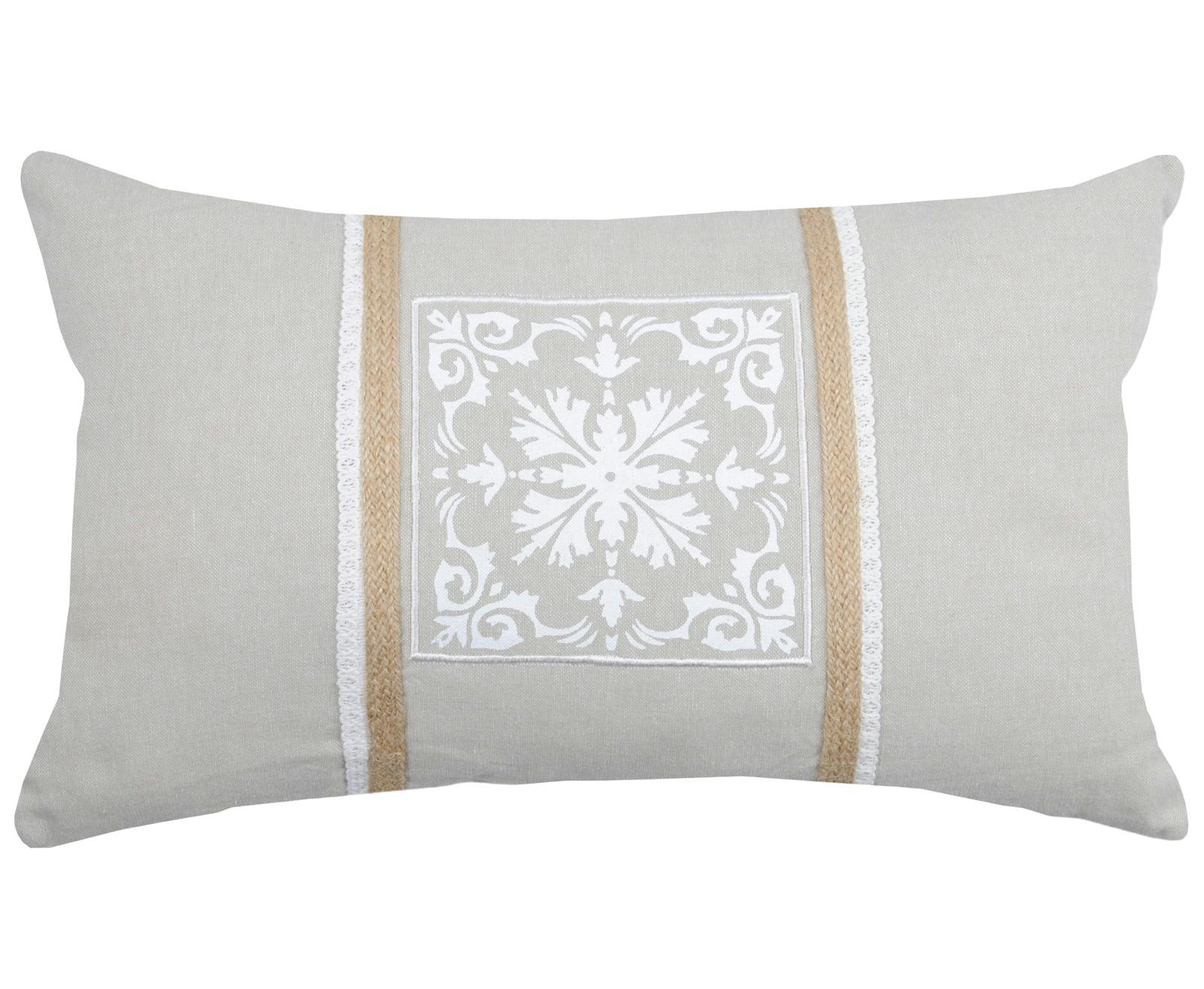 Coussin rectangle motif baroque couleur lin avec liseré jute 30x50cm 100% coton CHAMBORD