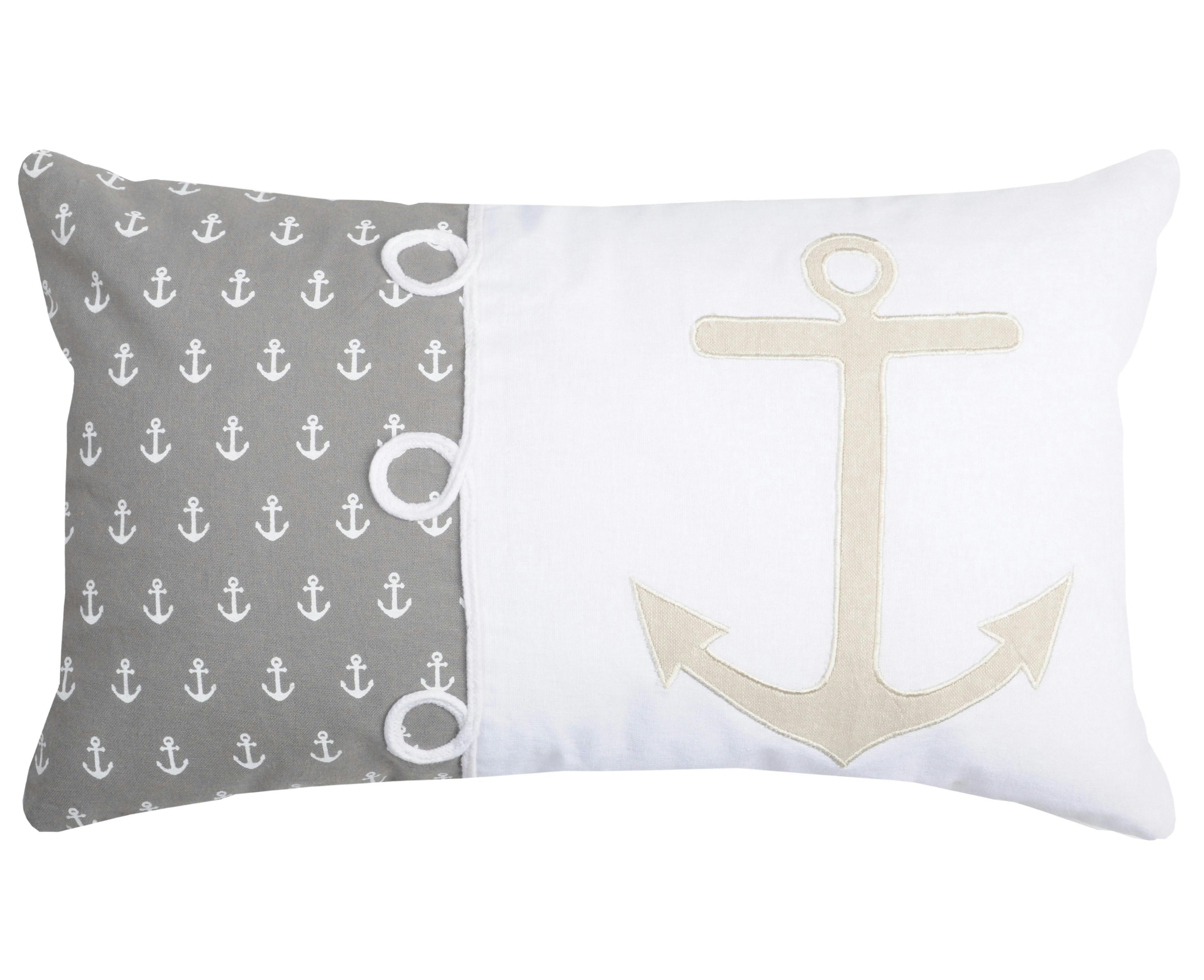 Coussin rectangle motifs ancre de bateau blanc gris beige avec broderie et 3 noeuds 30x50cm 100% coton EMBRUN