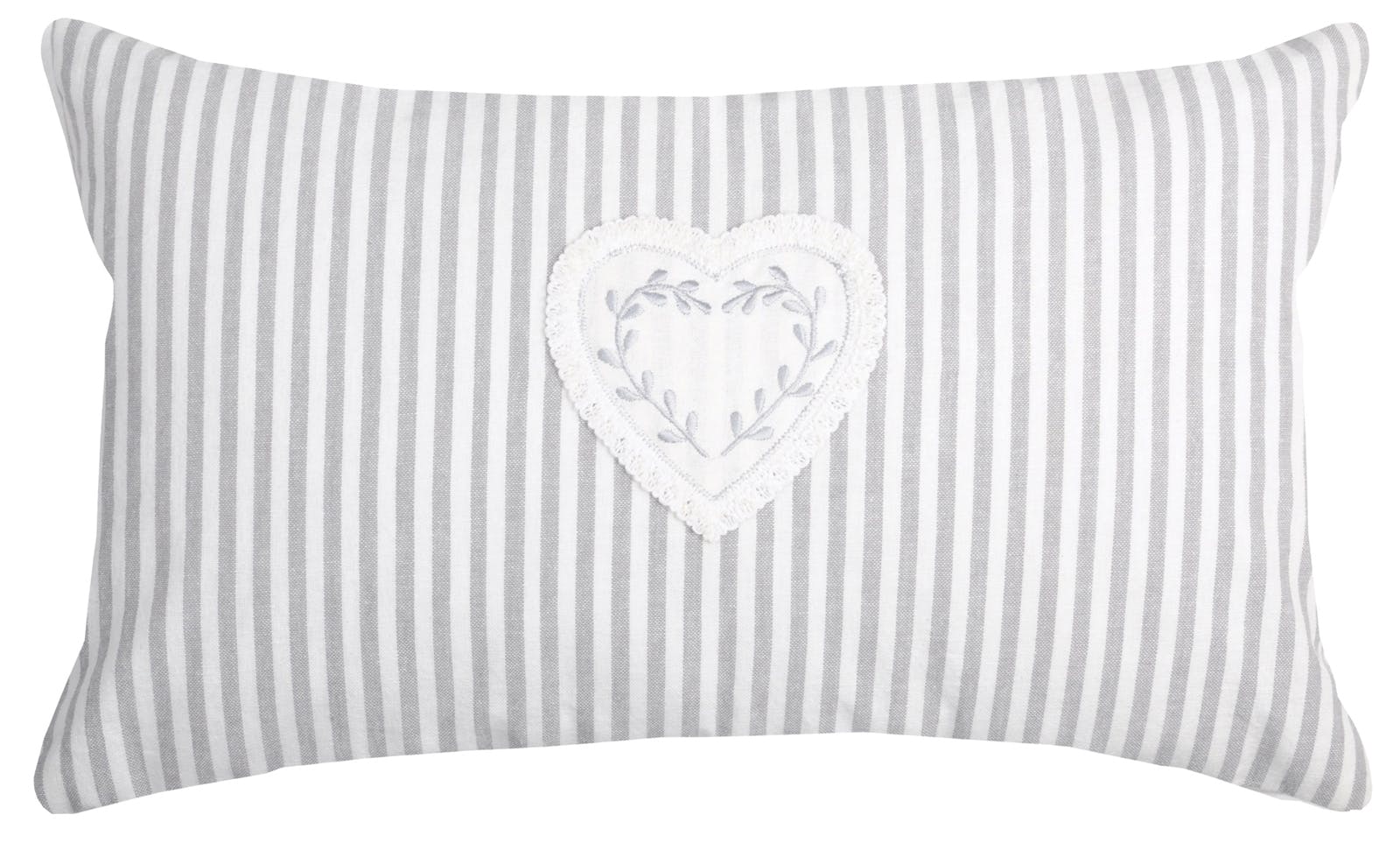 Coussin rectangle romantique rayé écru et gris décor coeur brodé 30x50cm 100% coton CHINON