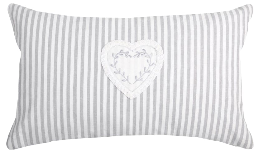 Coussin rectangle romantique rayé écru et gris décor coeur brodé 30x50cm 100% coton CHINON