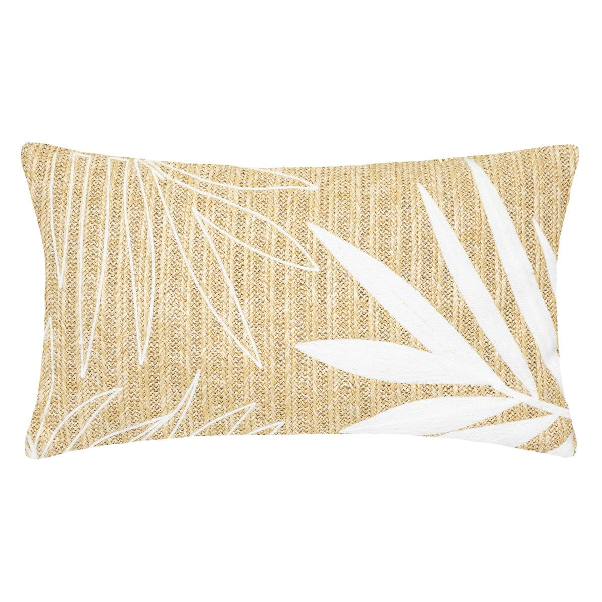 Coussin rectangulaire beige effet paille motif feuille
