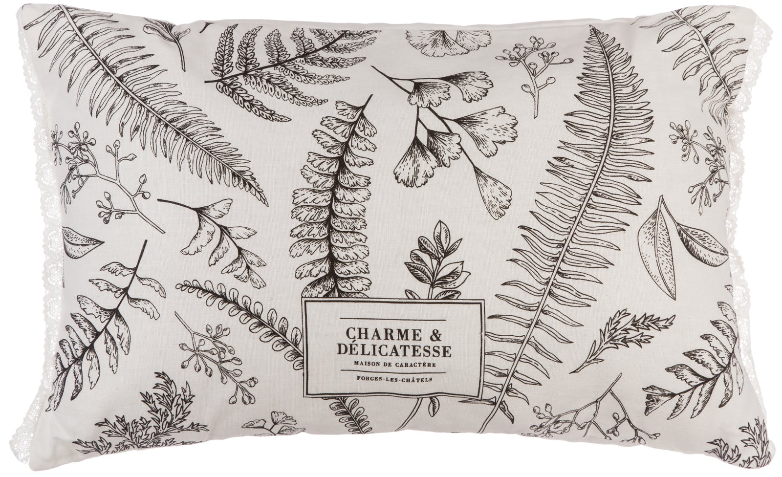 Coussin rectangulaire couleur blanche imprimé feuilles 30x50cm