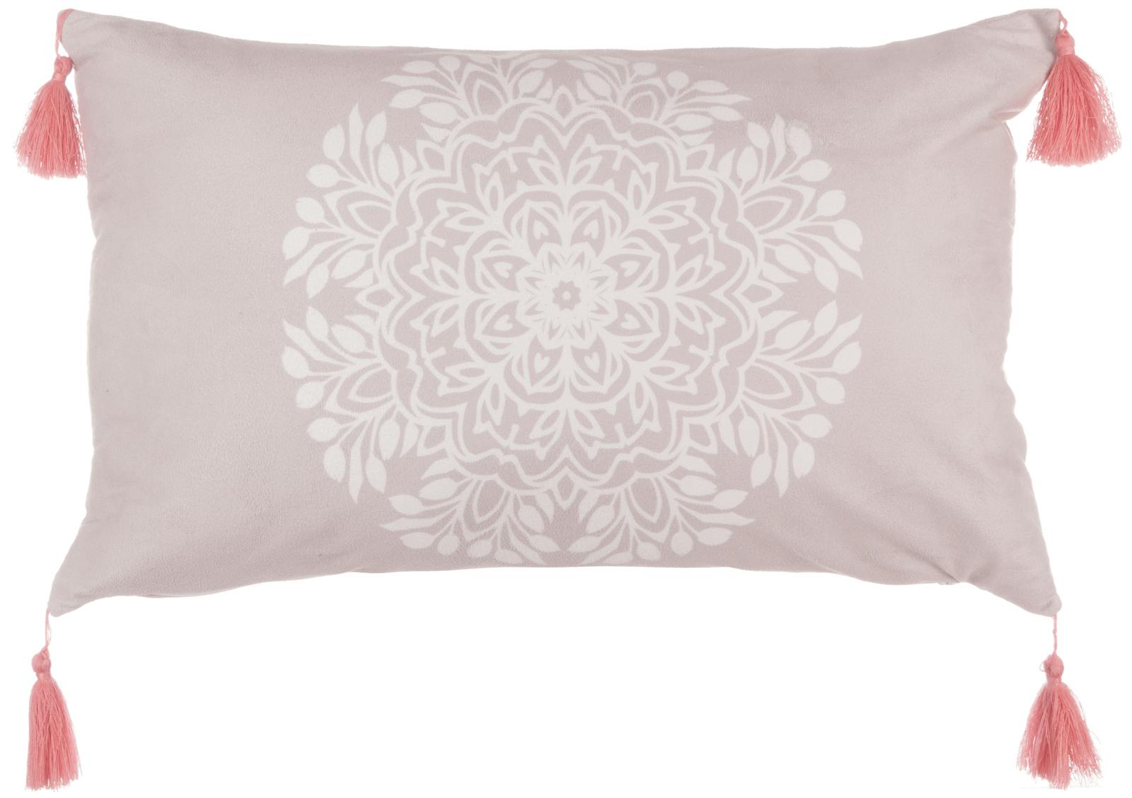 Coussin rectangulaire lin rosace centrale blanche pompons corail 30x50cm