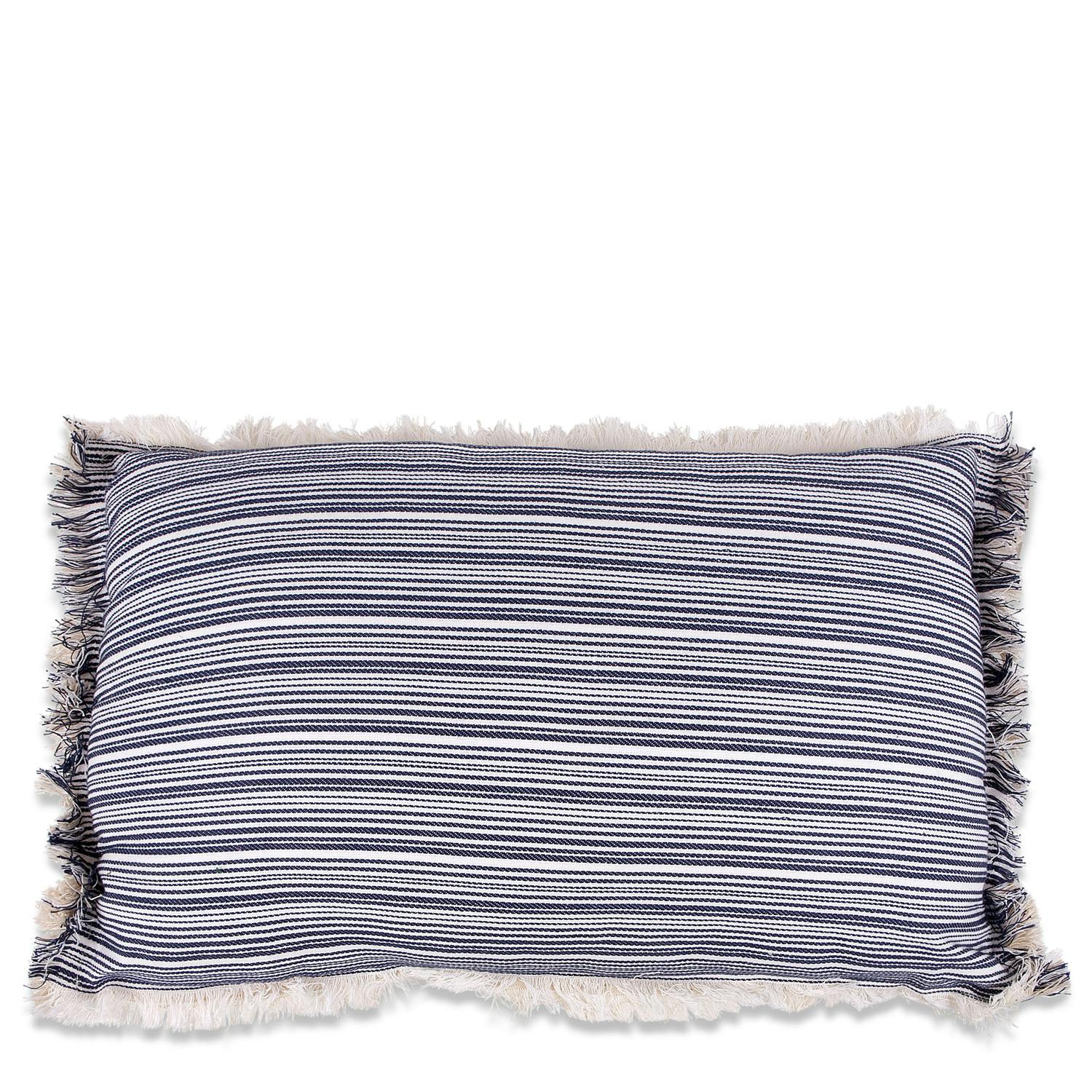 Coussin rectangulaire rayures bleues et franges