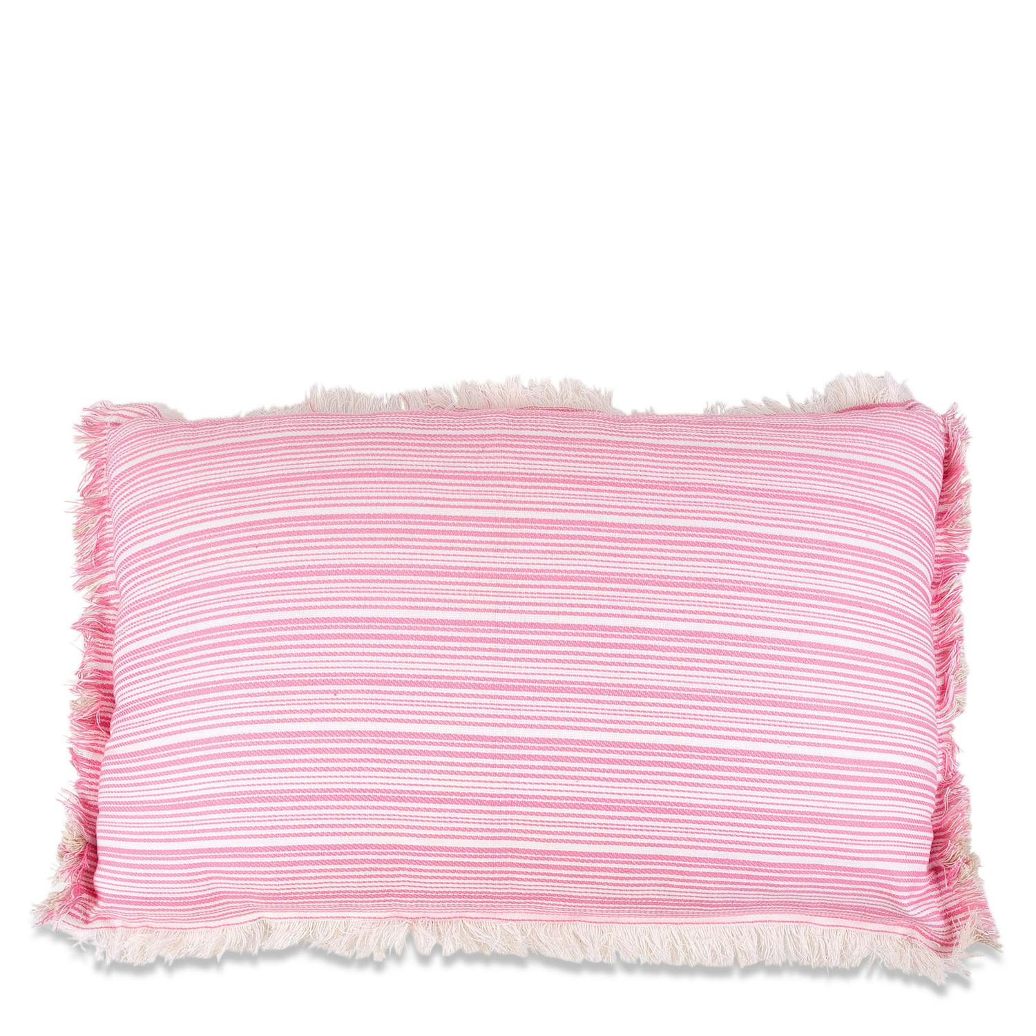 Coussin rectangulaire rayures roses et franges