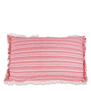 Coussin rectangulaire rayures rouges et franges