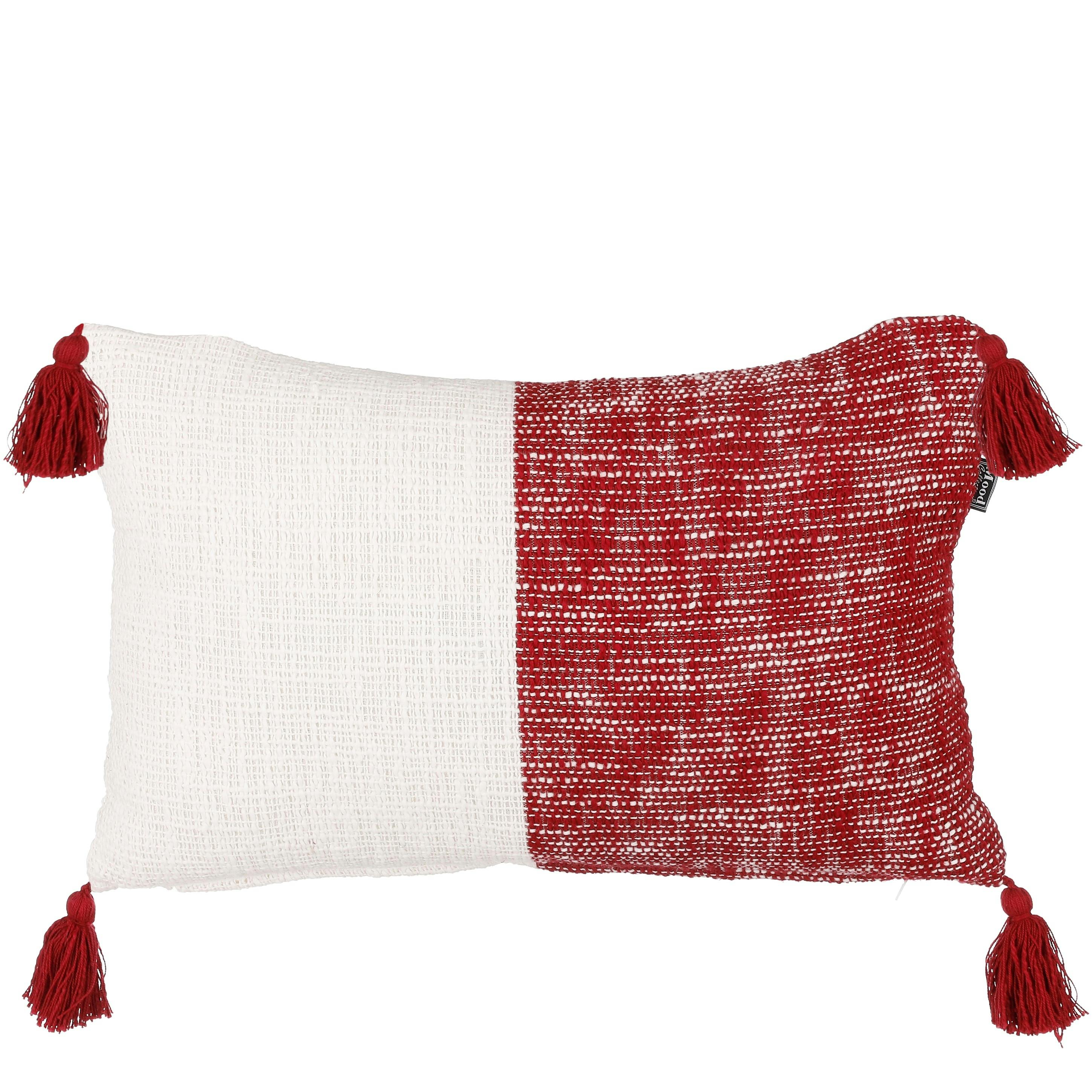 Coussin rectangulaire rouge et blanc à pompons