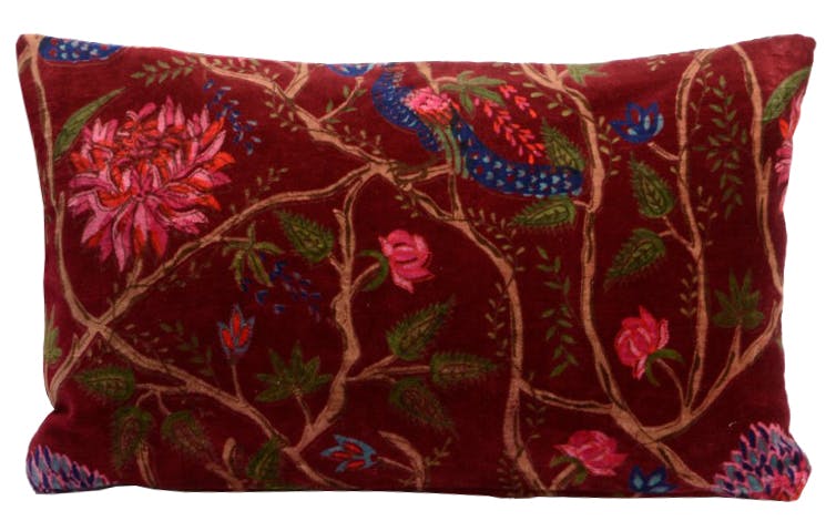 Coussin rectangulaire velours fleurs bordeaux