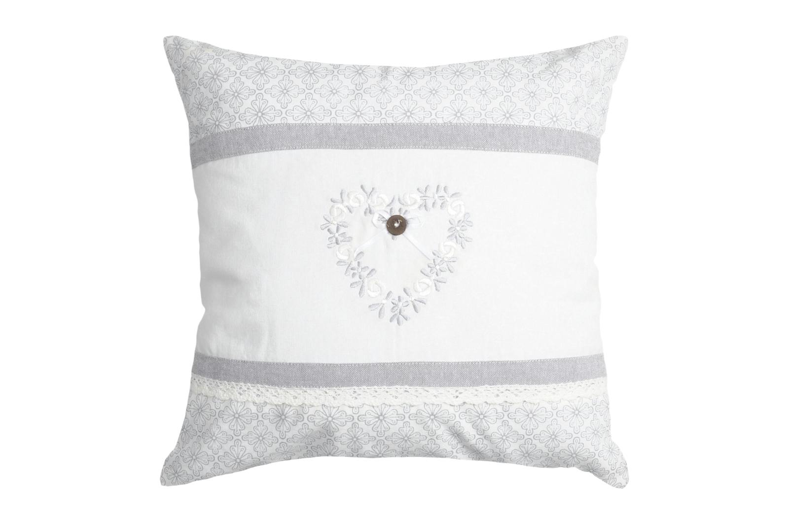 Coussin Romantique gris et écru décor floral arabesque et coeur brodé avec bouton et bandes grises 40x40cm 100% coton MANOIR
