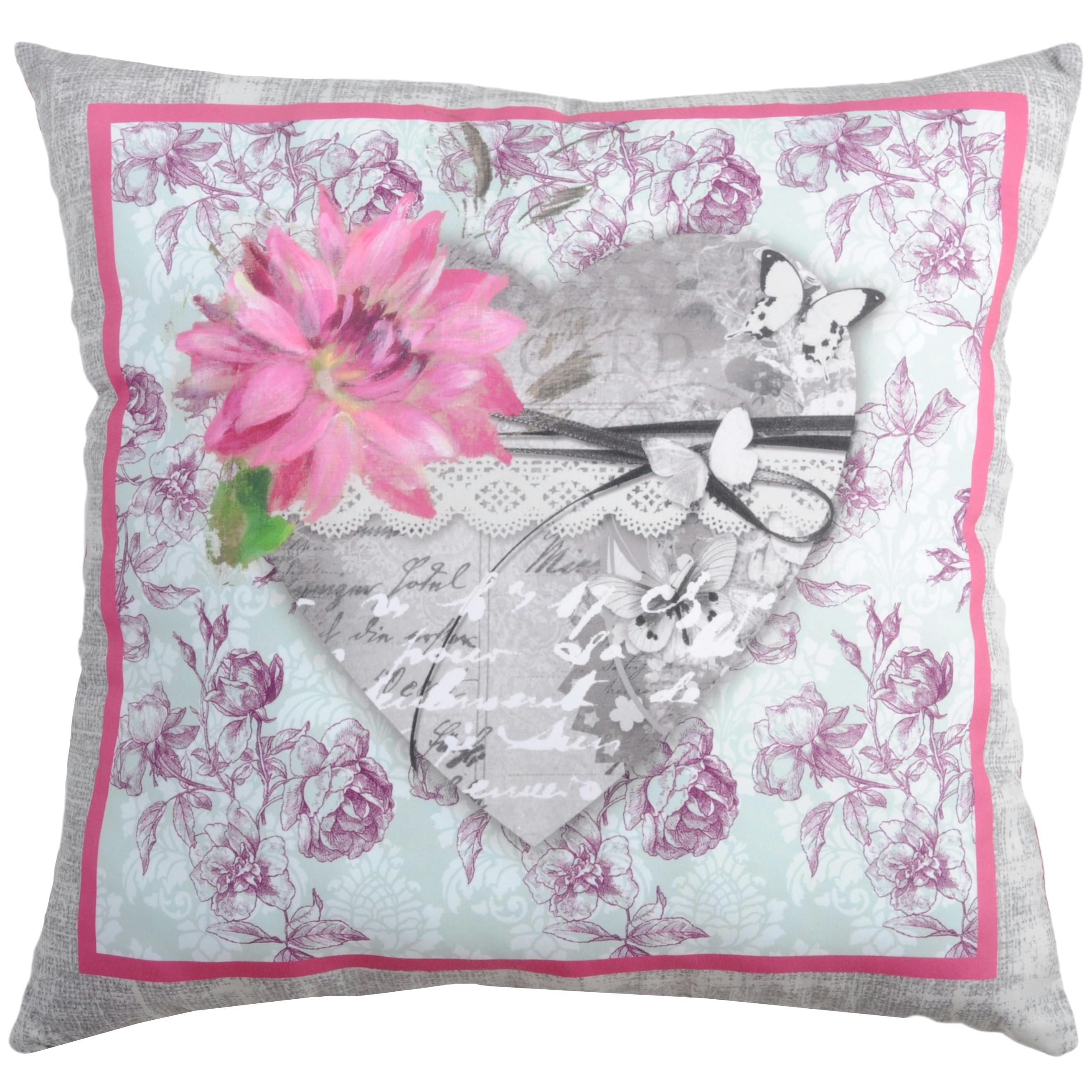 Coussin romantique gris rose coeur central décor fleur caligraphie 40x40cm SEDUCCION