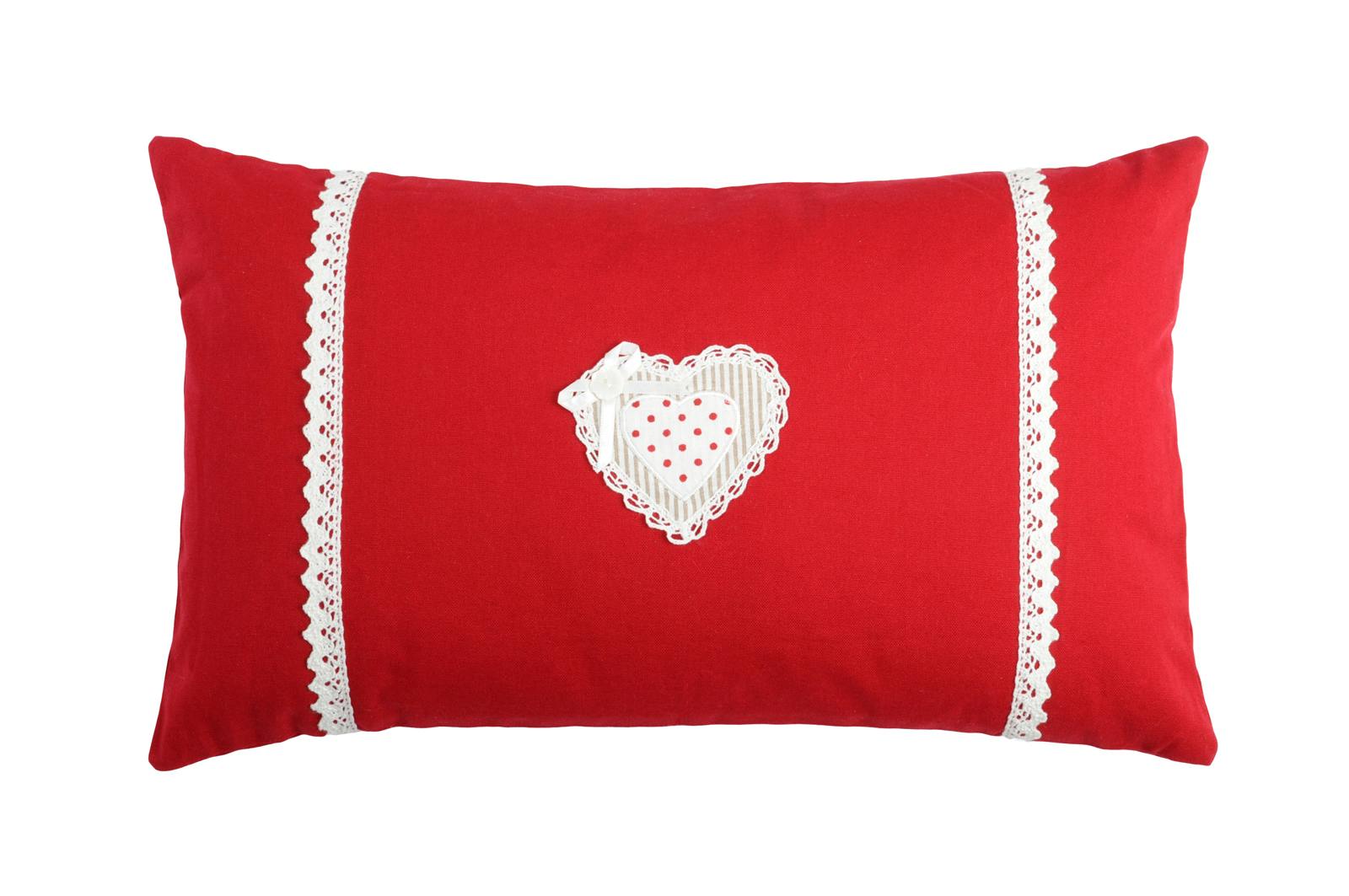 Coussin romantique rouge coeur brodé et dentelles 30x50cm VERONE ROUGE