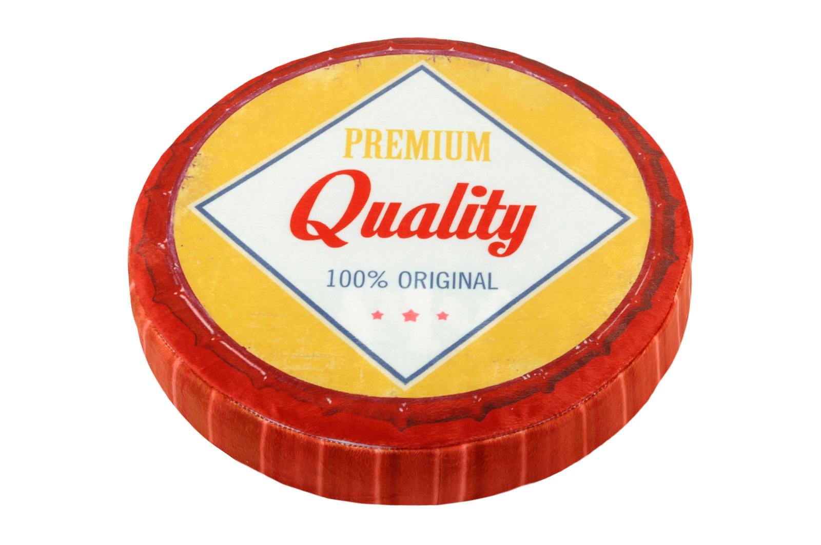 Coussin style capsule ronde jaune et rouge "Quality" D38cm