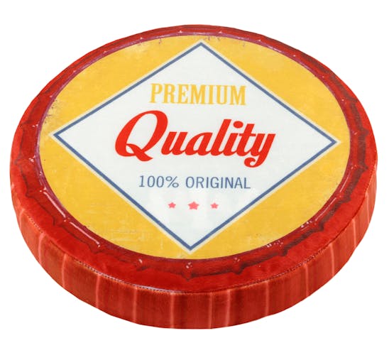 Coussin style capsule ronde jaune et rouge "Quality" D38cm