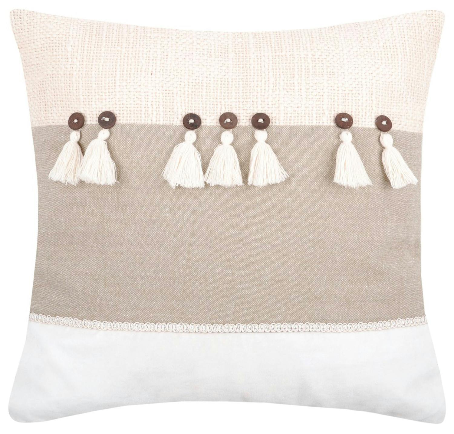 Coussin taupe et blanc à boutons et pompons 40 x 40 cm