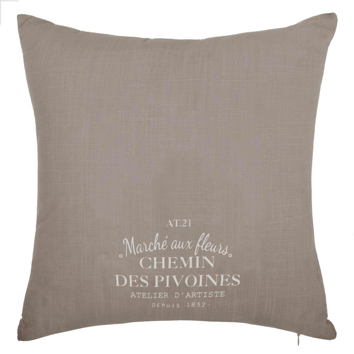 Coussin taupe Pivoines