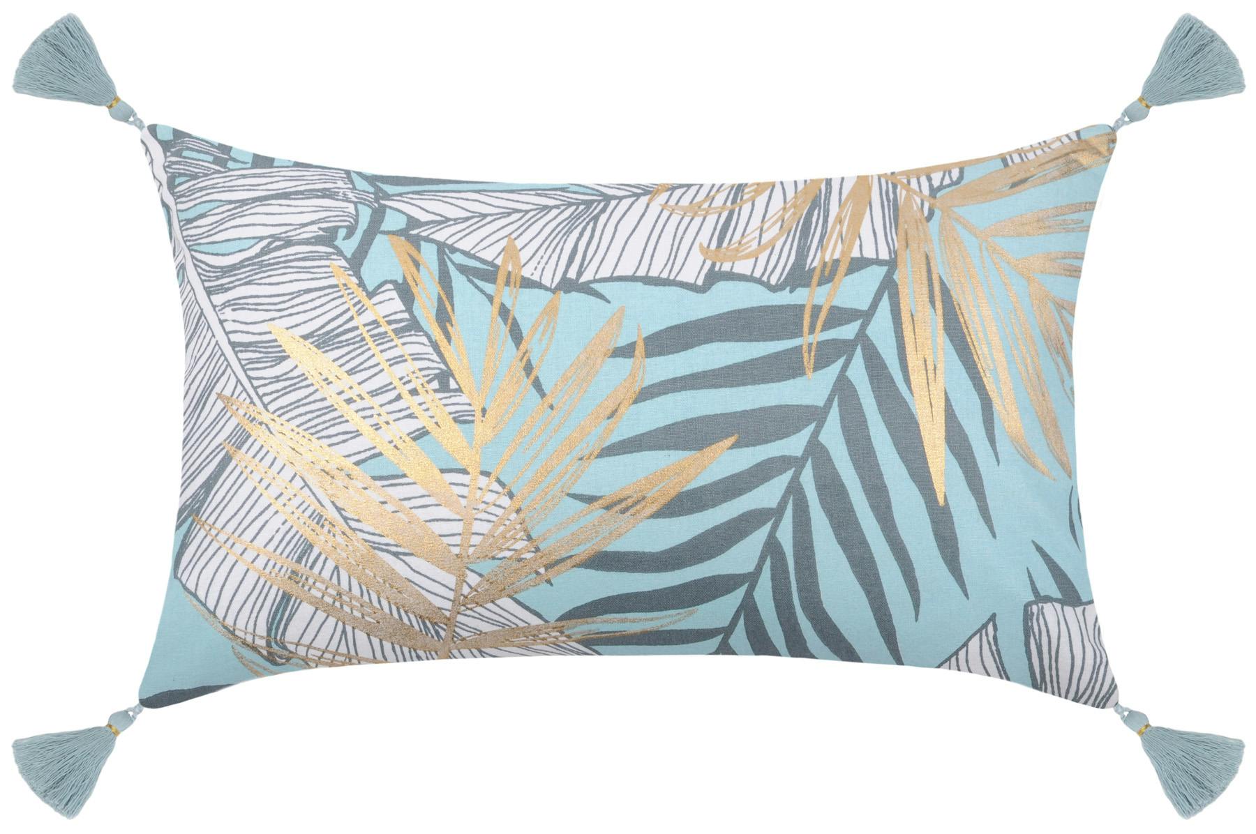 Coussin tropical bleu clair à pompons 30x50