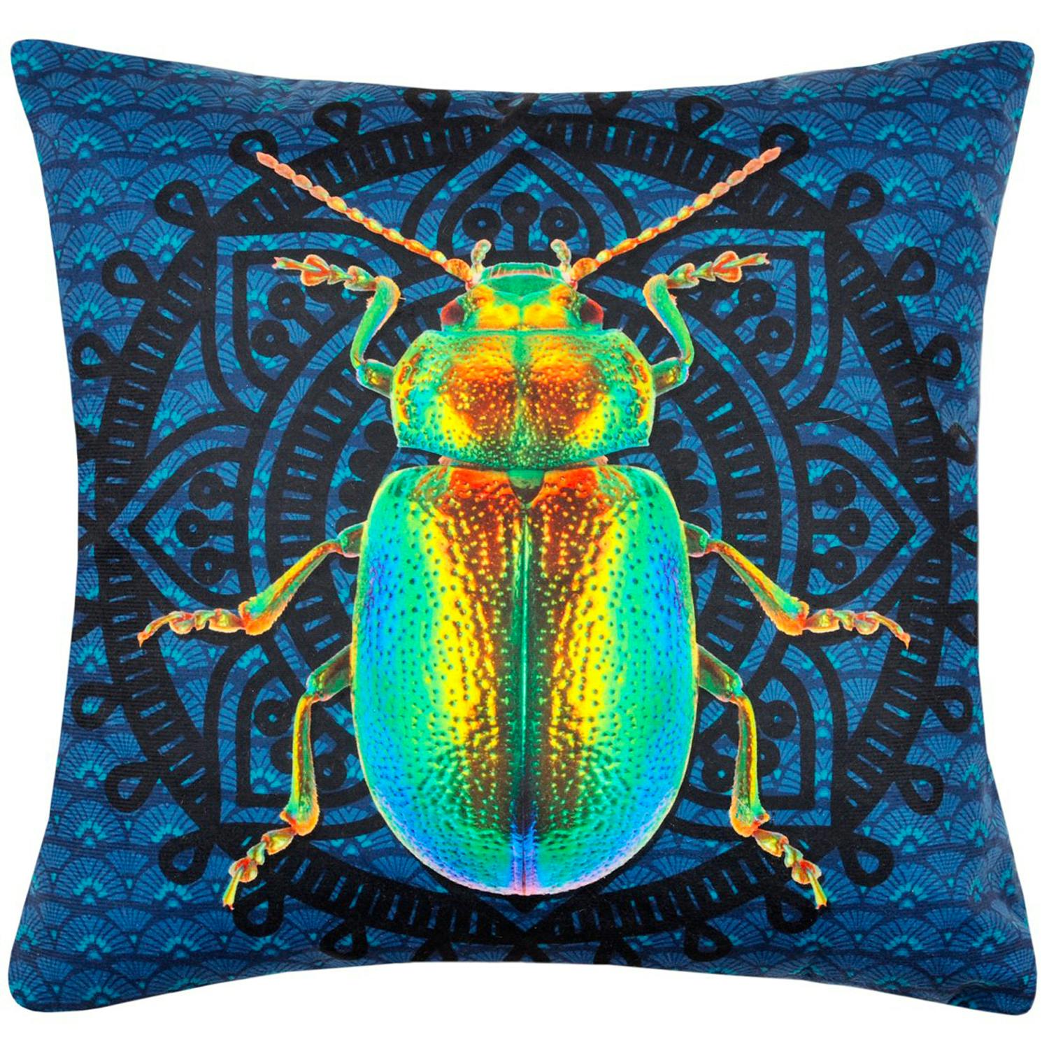 Coussin velours bleu motif scarabée 40 x 40 cm