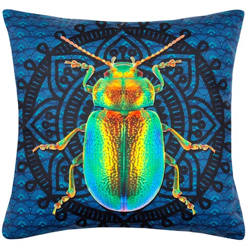 Coussin velours bleu motif scarabée 40 x 40 cm