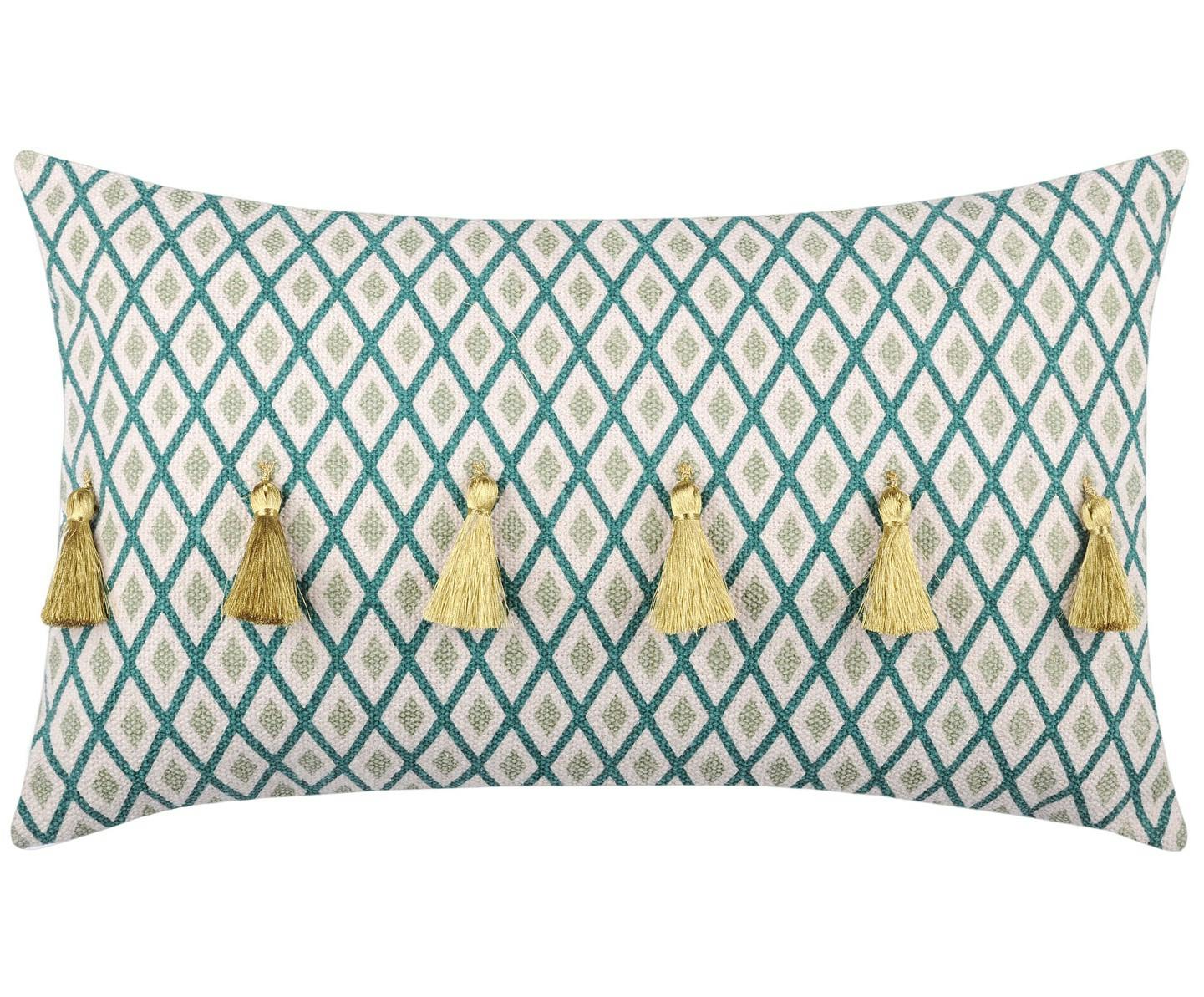 Coussin vert à pompons dorés 30x50