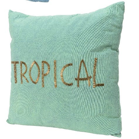 Coussin vert brodé "Tropical"