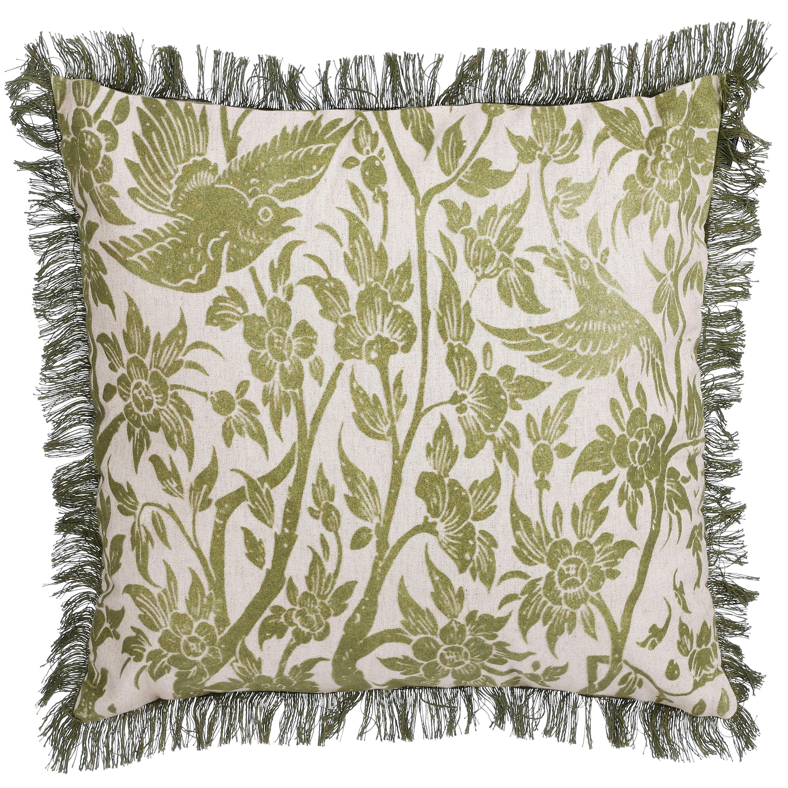 Coussin vert oiseaux et fleurs