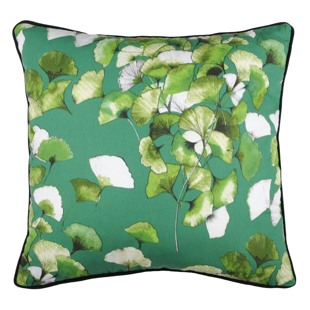 Coussin XL feuilles de gingko vert-noir