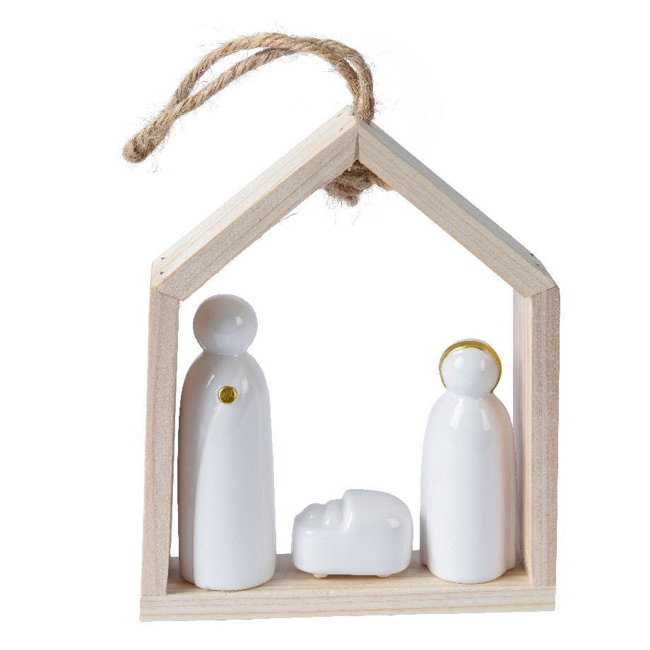 Crèche bois et porcelaine blanche à suspendre