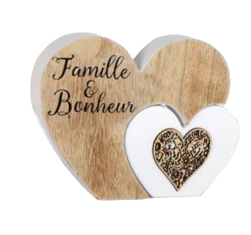 C?ur déco message "Famille & Bonheur" bois naturel et blanc et c?ur sculpté 16x20cm