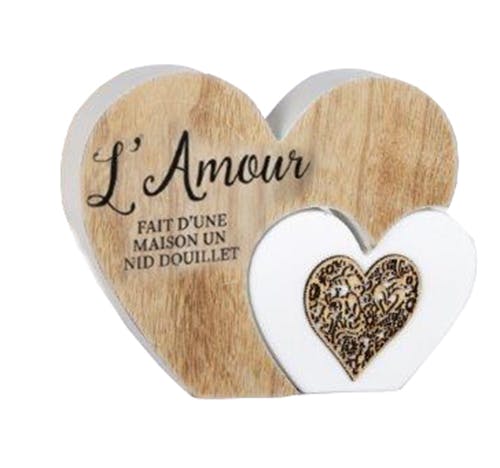 C?ur déco message "L'amour fait d'une maisons un nid douillet" bois naturel et blanc et c?ur sculpté 16x20cm