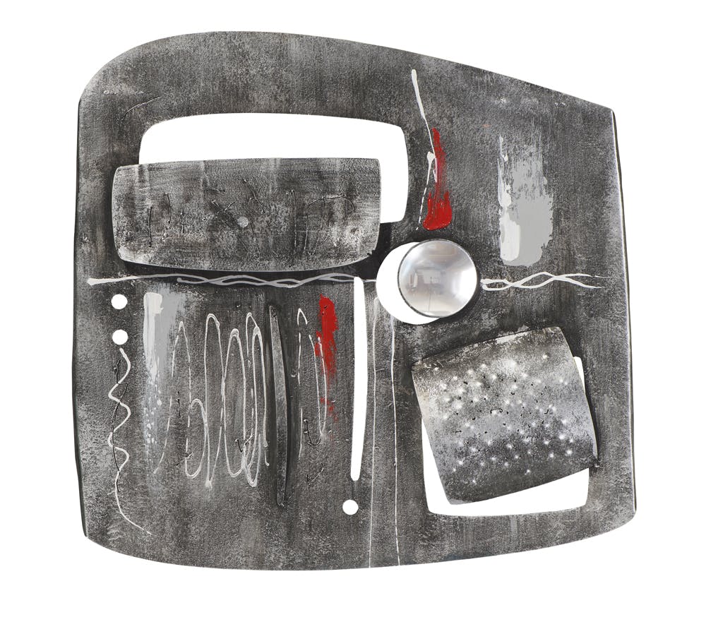 Décoration murale ABSTRAIT en 3D sur métal tons gris, blancs et rouges avec éléments métal 56x59cm