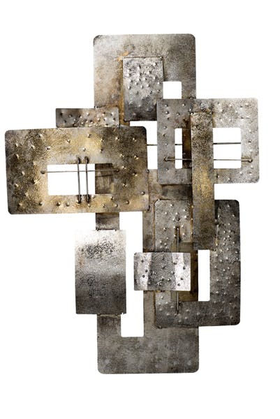 Décoration murale Abstraite Assemblage de Rectangles découpés métal tons dorés, argentés et grisés 59x80cm