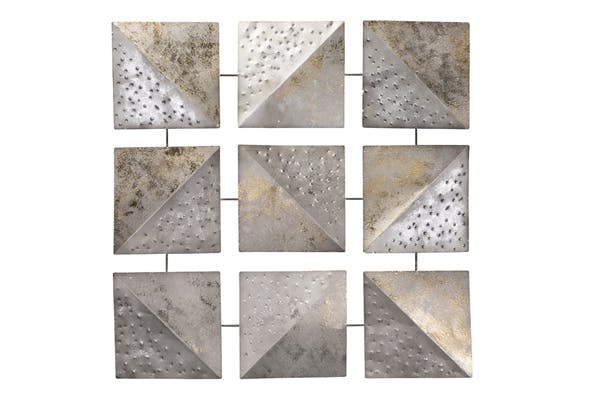 Décoration murale Abstraite Carrés de Triangles assemblés et reliés en métal tons dorés, argentés, gris et beiges 100x100cm