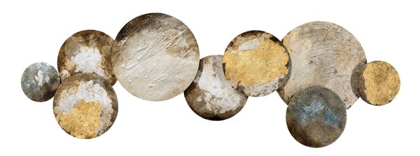Décoration murale Abstraite Cercles assemblés métal tons dorés, marron, beiges et grisés 115x40cm