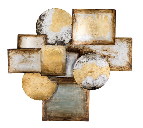 Décoration murale Abstraite Cercles et Rectangles assemblés tons dorés, argentés, beiges et marron 98x98cm