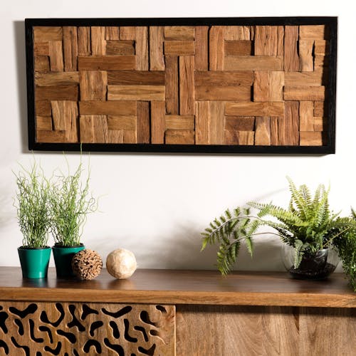 Décoration murale bois de teck motif damier OTTAWA