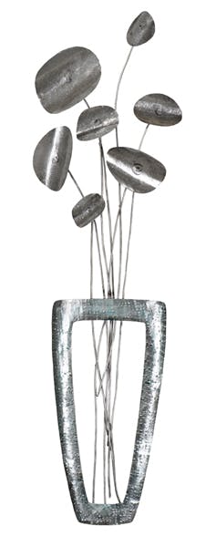 Décoration murale Bouquet de Fleurs dans vase métal tons argentés et grisés 28x100cm