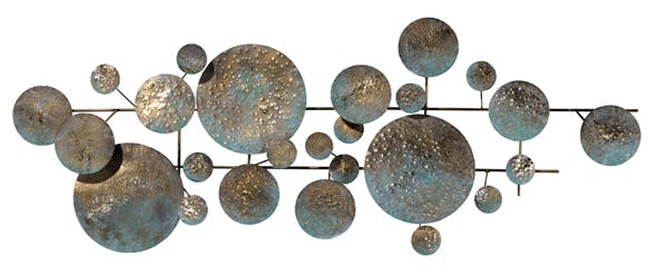 Décoration murale Disques métal sur lignes métal tons marrons, verts et dorés 123x44cm