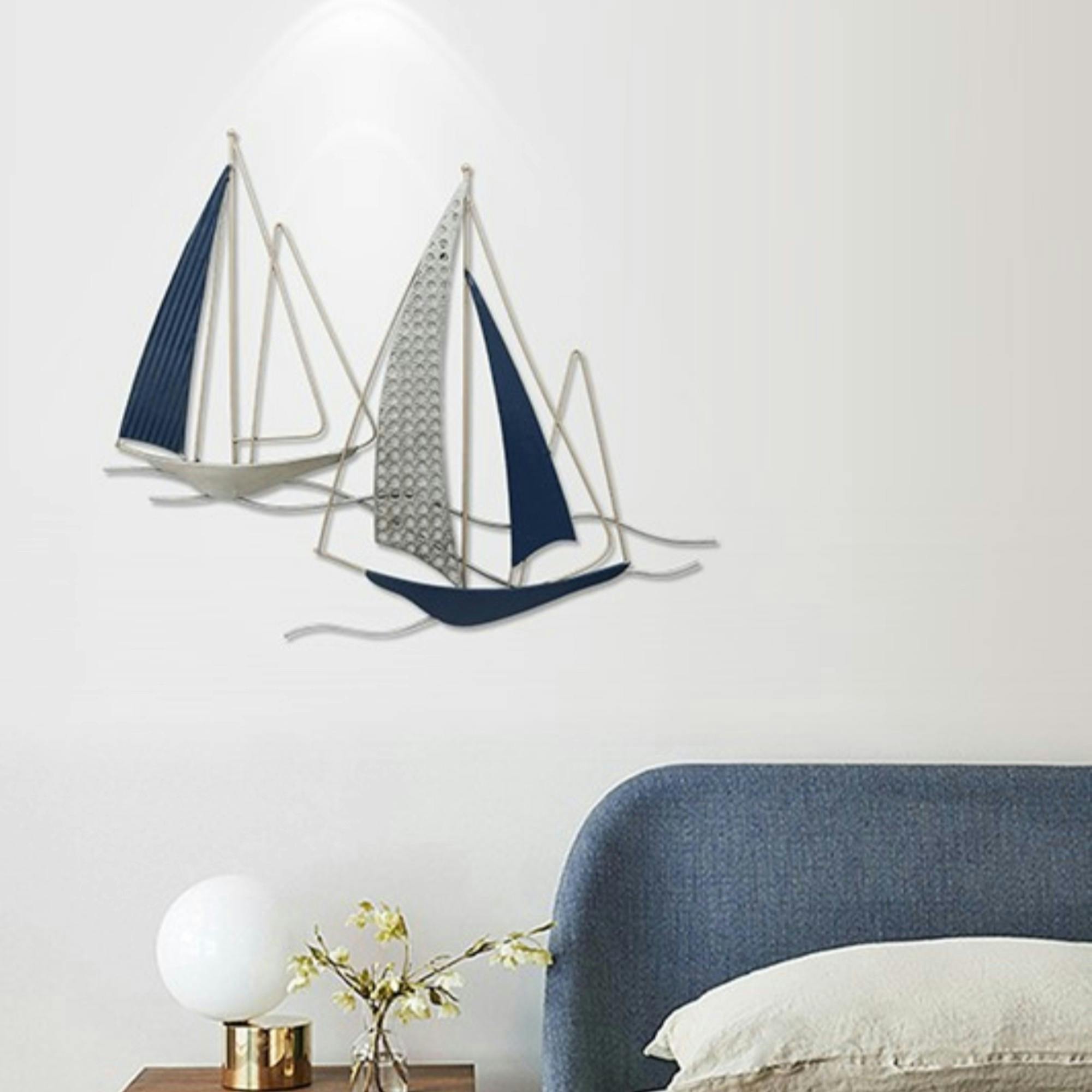 Décoration murale en métal 2 bateaux bleu cobalt et gris