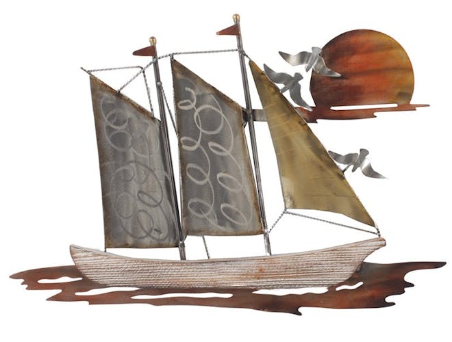 Décoration murale en métal et bois bateau au couchant